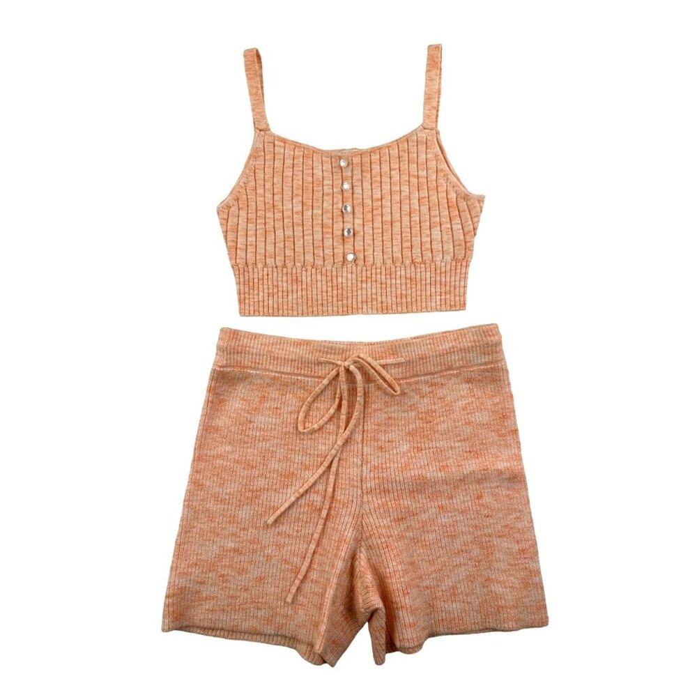 Wayf - Frenchie Ribbed Knit Cami Crop Top & Shorts in Peach